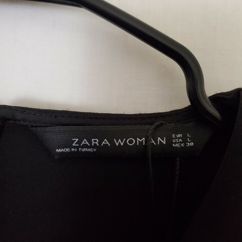 Zara Woman V Neck Big Puff Sleeve Midi Dress Size L Black - Picture 7 of 7